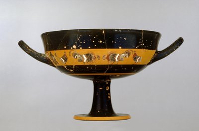 Attic black-figure band cup decorated with a cock fight, by the Tleson Painter, from Vulci, c.550-525 BC by Greek